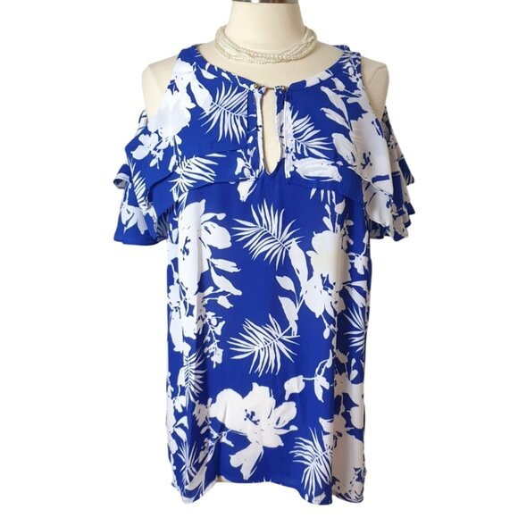 Bold Elements Womens Cold Shoulder Top XL Blue Floral Hawaiian Boho Tunic Chic - Picture 1 of 6